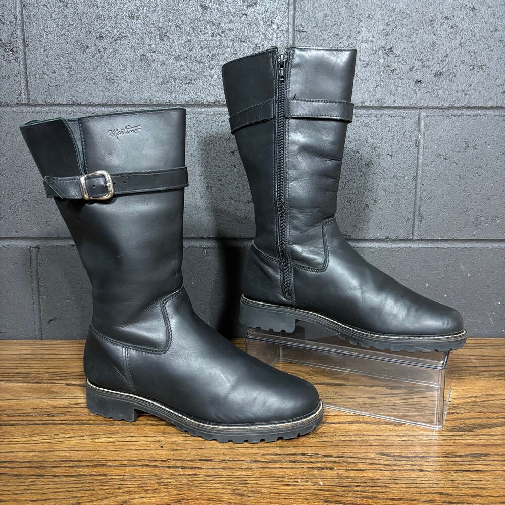 Martino Black Leather Mid Calf Riding Moto Boots Buckle Lug Sole Women’s 9